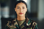 Portrait, soldier and woman with arms crossed, war and confidence with protection, veteran and proud. Face, person and hero with power, service and mindset with warrior, ready for army and military