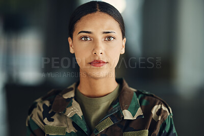 Buy stock photo Portrait, soldier and woman with arms crossed, war and confidence with protection, veteran and proud. Face, person and hero with power, service and mindset with warrior, ready for army and military