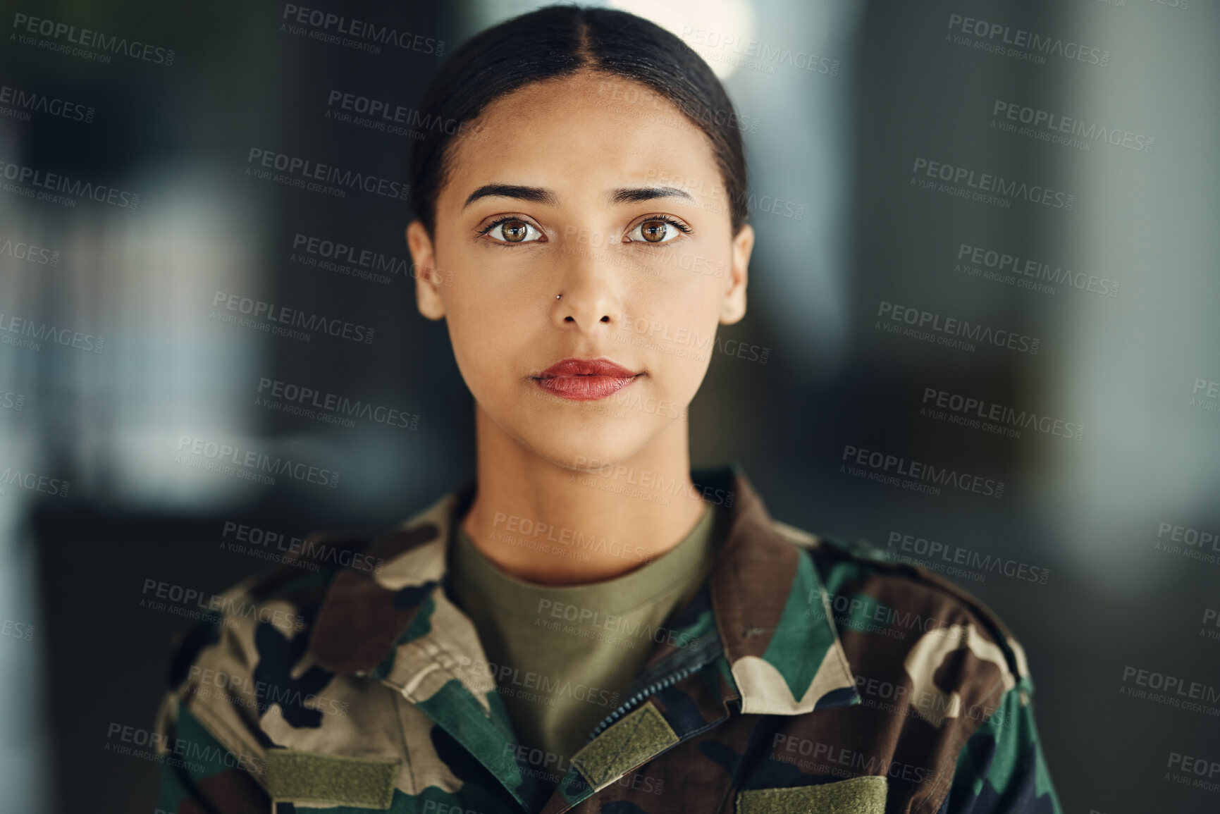 Buy stock photo Portrait, soldier and woman with arms crossed, war and confidence with protection, veteran and proud. Face, person and hero with power, service and mindset with warrior, ready for army and military