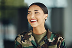 Happy woman soldier with confidence, camouflage and pride, relax outside army building. Professional military career, security and courage, girl in uniform and smile at government agency service.