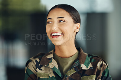 Buy stock photo Happy woman soldier with confidence, camouflage and pride, relax outside army building. Professional military career, security and courage, girl in uniform and smile at government agency service.