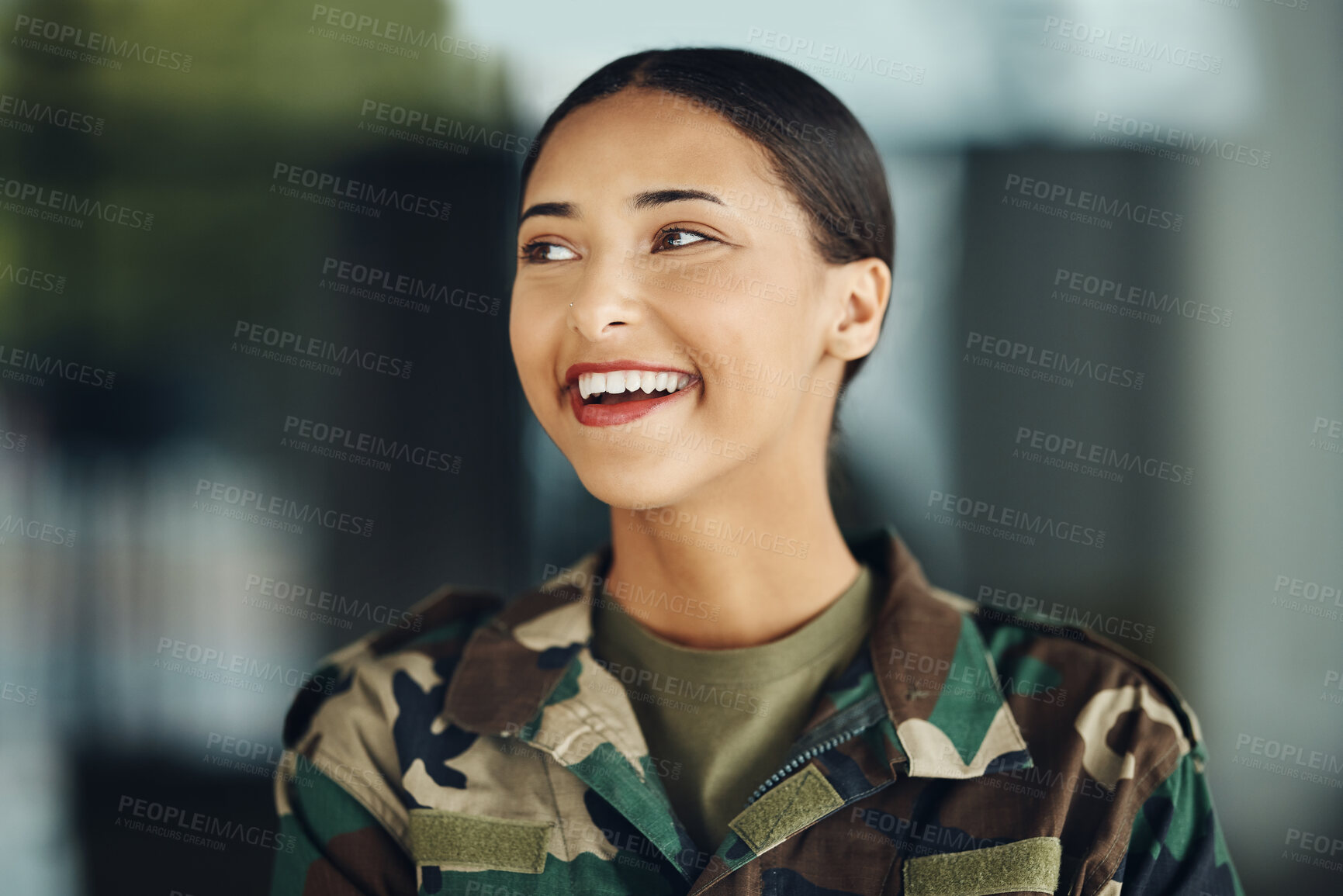 Buy stock photo Happy woman soldier with confidence, camouflage and pride, relax outside army building. Professional military career, security and courage, girl in uniform and smile at government agency service.