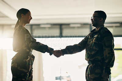 Buy stock photo Meeting, army or soldiers shaking hands for partnership, teamwork or deal in war agreement together. People, promotion or handshake for team fight, thank you or gratitude in solidarity or military 