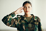 Portrait of woman soldier with salute, confidence and pride in army service for professional hero. Military career, security and courage, girl in uniform and respect at government intelligence agency