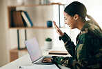 Soldier, woman and wave on laptop for communication, video call and happiness in living room for home. Computer, digital and person in military with internet for webinar and conversation in house