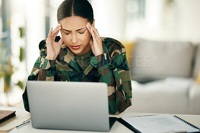 Buy stock photo Headache, stress or woman soldier with trauma and depression at desk with anxiety on laptop. Frustrated, psychology or sad person with army memory, military frustration or ptsd crisis typing online