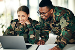 Military staff, diversity and laptop with collaboration, teamwork and smile from soldier draft. Computer, army group and online on website with internet and working on reading with camouflage