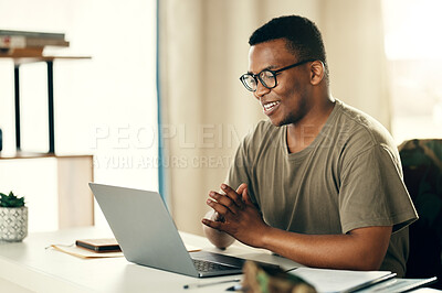 Buy stock photo Man, laptop and smile for remote work, research or copywriting in home office with happiness and glasses. Computer, employee and person working or reading project online with internet or connectivity