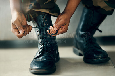 Buy stock photo Hands tie shoes, closeup and soldier in army getting ready to start war, battle or fight. Boots, man tying laces in military and veteran preparing gear for training, exercise and workout to travel