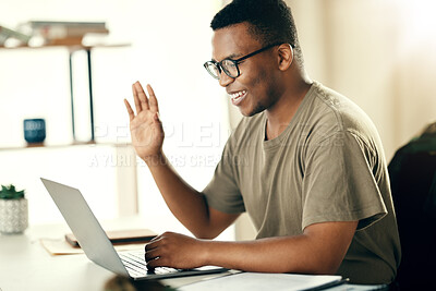 Buy stock photo Laptop, man and communication with wave for remote work, video call and conference in home office with happiness and glasses. Computer, employee and person in conversation or online seminar for job