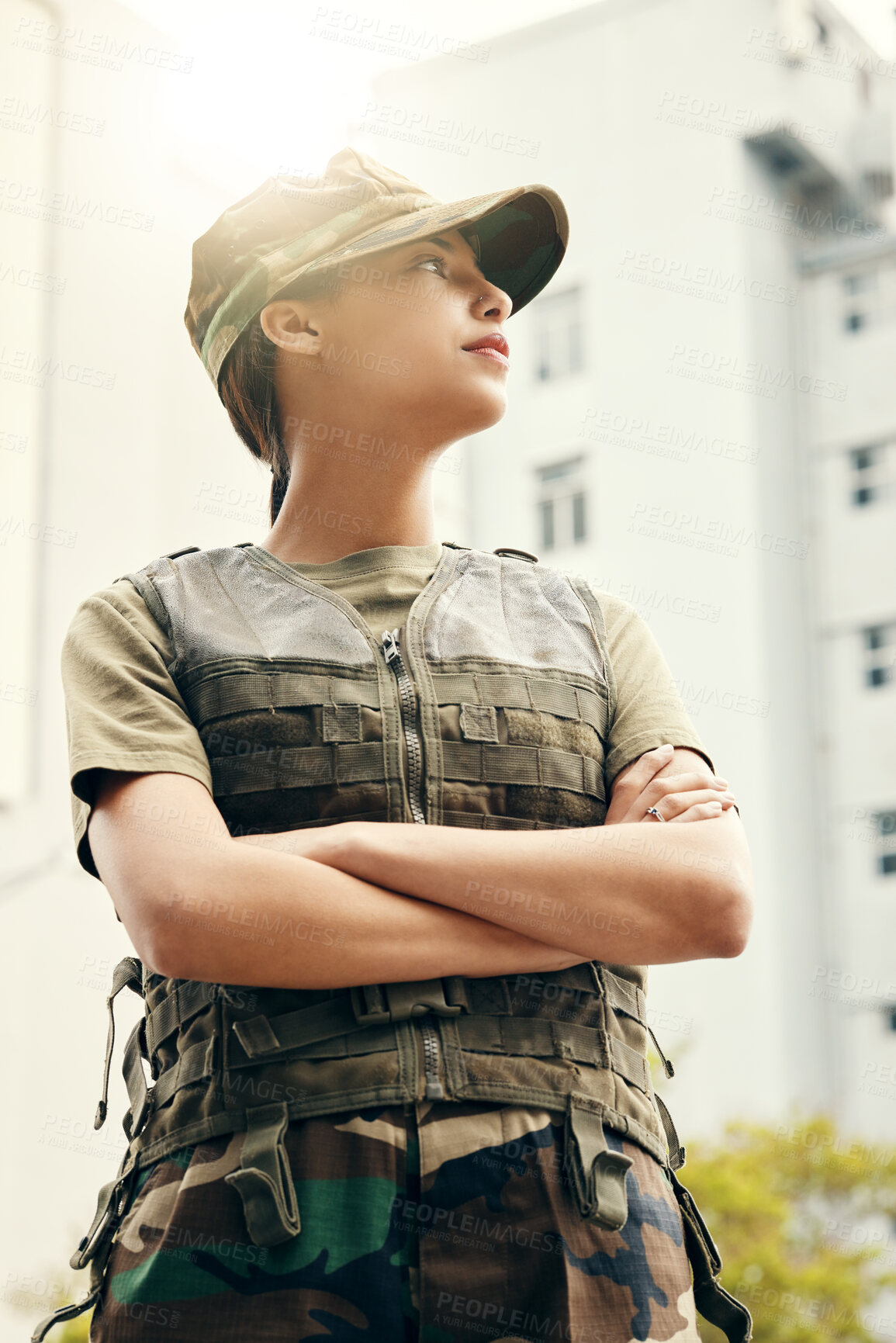 Buy stock photo Army, thinking and arms crossed with a woman soldier in uniform for safety, service or patriotism Military, idea and a serious young war hero looking confident or ready for battle in camouflage