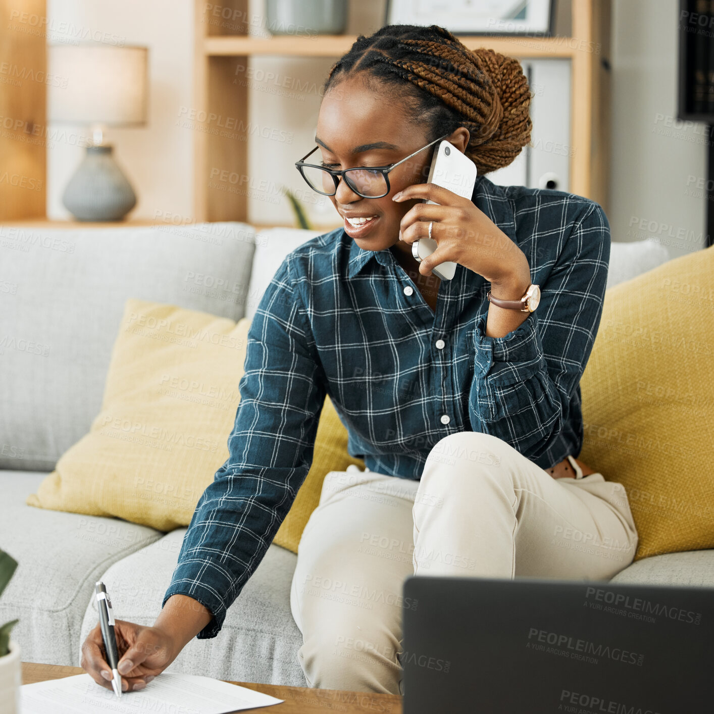 Buy stock photo Woman, home and phone call for paper, documents and contract signature, policy advice or insurance. Young african person on sofa writing, talking on mobile and financial services or loan application