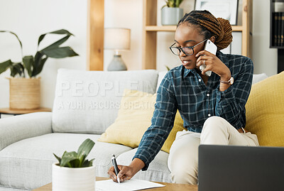 Buy stock photo Woman, sofa and phone call for documents, paper signature or contract advice, policy and insurance. Young african person at home writing, talking on mobile and financial, taxes or loan application