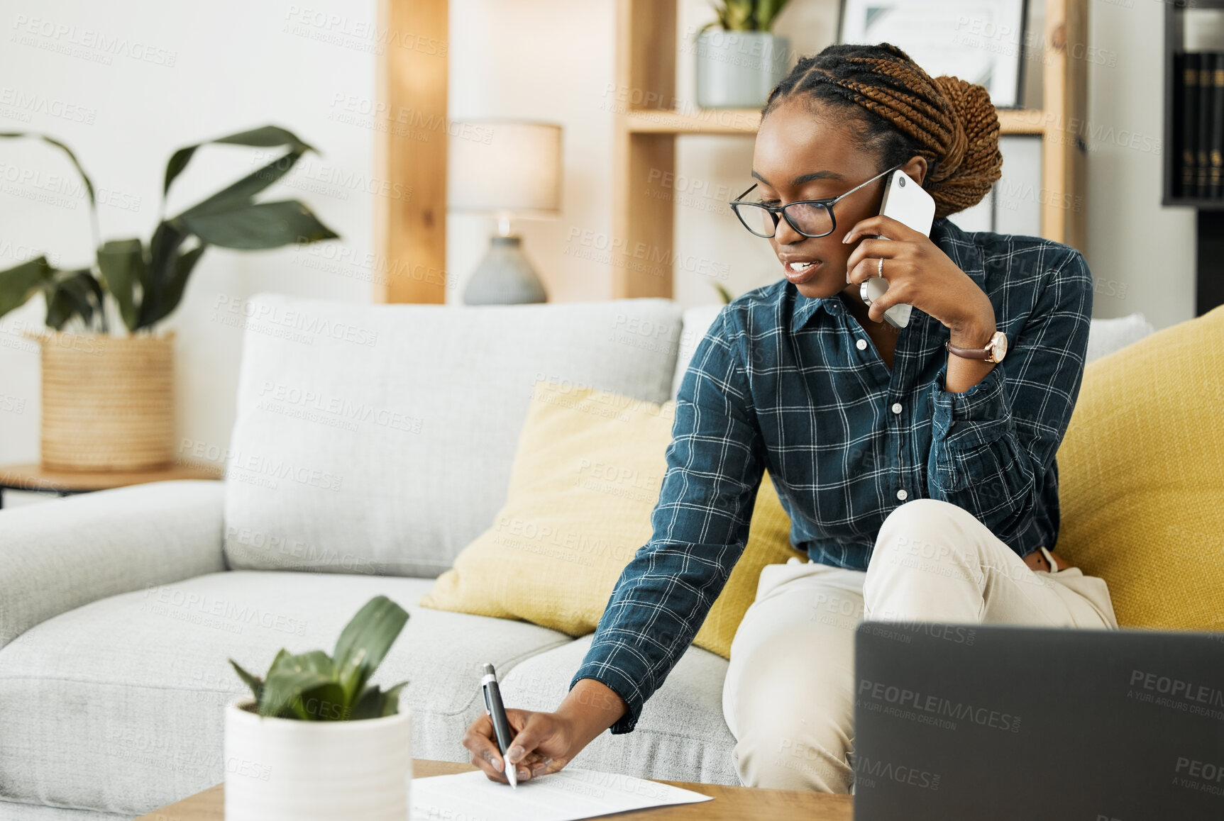 Buy stock photo Woman, sofa and phone call for documents, paper signature or contract advice, policy and insurance. Young african person at home writing, talking on mobile and financial, taxes or loan application