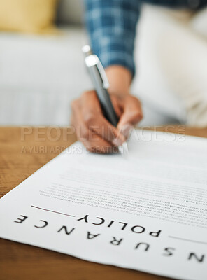 Buy stock photo Hand, signature and contract for insurance, policy and woman with legal agreement for life, healthcare or home security. Person, sign and writing with pen on paper, document or notary of commitment