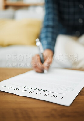 Buy stock photo Contract, signature and hand with insurance, policy and woman with legal agreement for life, healthcare or home security. Person, sign and writing with pen on paper, document or notary of commitment