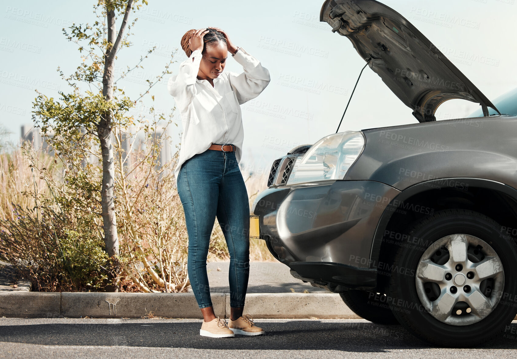 Buy stock photo Frustration, broken car and black woman in the road for accident with engine problem or emergency. Transportation, travel and upset young African female person with motor vehicle stress in the street