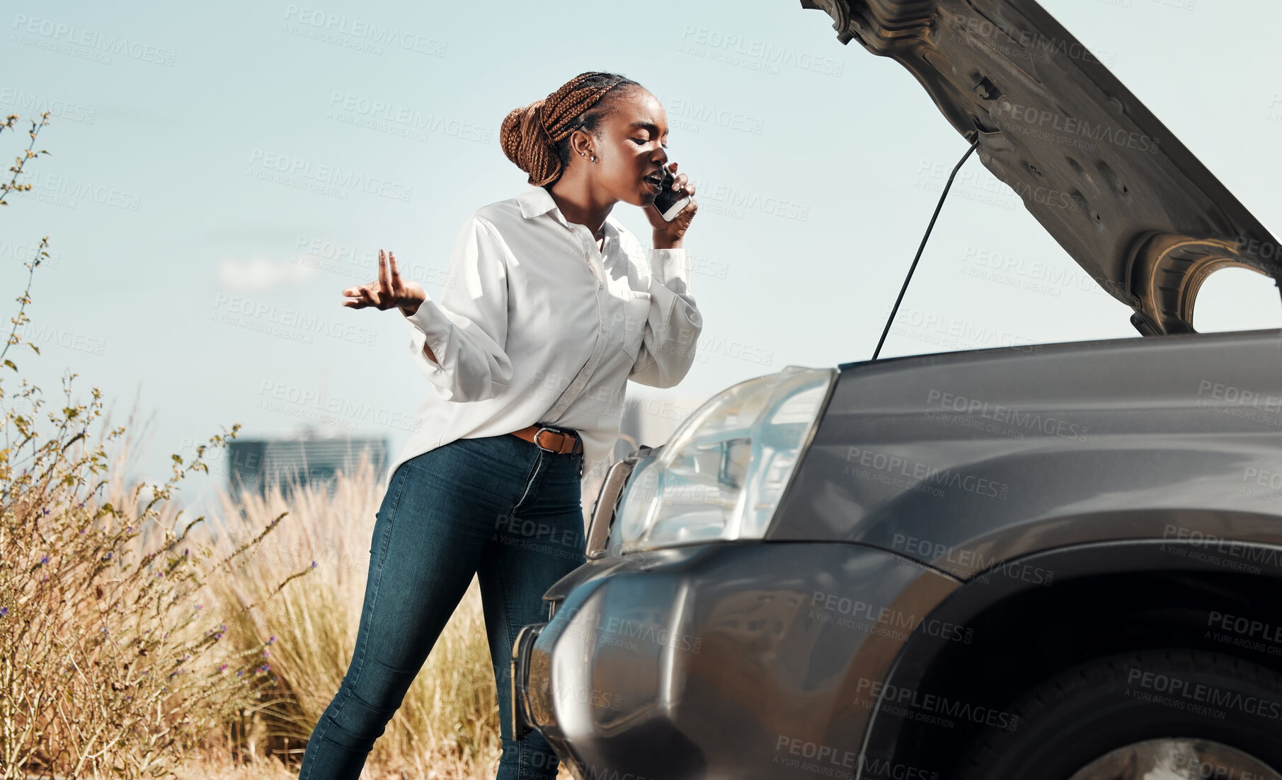 Buy stock photo Bonnet, broken car and black woman on a phone call in road with frustration for engine problem emergency. Transport, travel and upset African person on mobile conversation for accident in street.