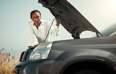 Buy stock photo Stress, broken car and portrait of black woman in the road with frustration for engine problem emergency. Transportation, travel and upset young African female person with motor accident in street.