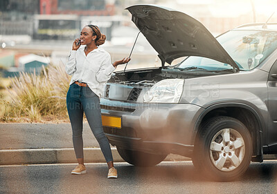 Buy stock photo Car problem, phone call or frustrated black woman late for work from engine crisis on road. Talking, city street or worried African driver by a stuck motor vehicle with stress or anxiety in emergency