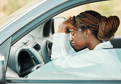 Buy stock photo Black woman, car problem or headache stress on road for auto repair service insurance to travel. Anxiety, stuck transport or depressed driver frustrated by engine in accident or emergency crisis 
