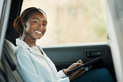 Buy stock photo Portrait, tablet and a business black woman a taxi for transport or ride share on her commute to work. Smile, technology and a happy young employee in the backseat of a cab for travel as a passenger