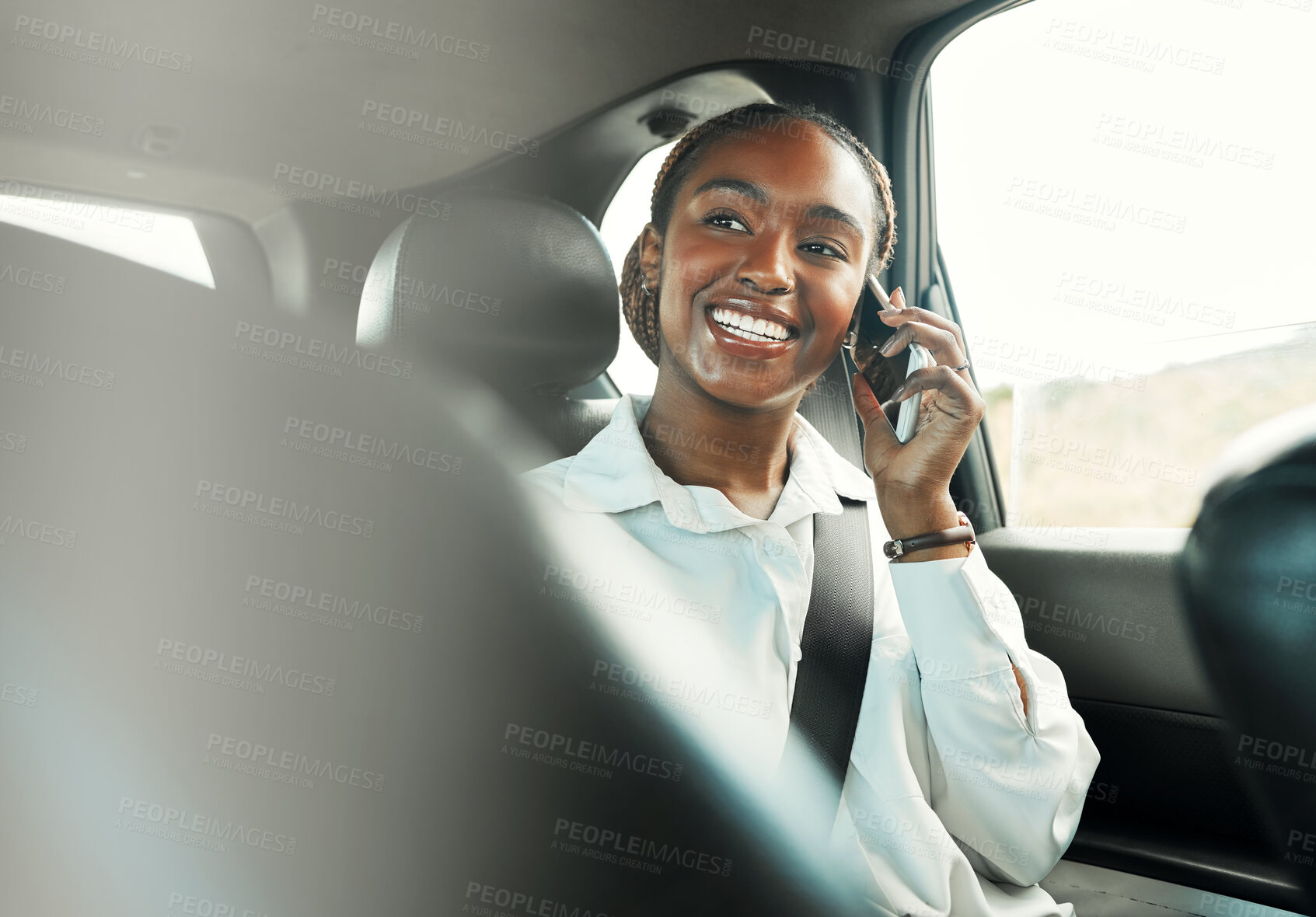 Buy stock photo Phone call, smile and black woman in car to travel, conversation and communication. Mobile, taxi and happy African person on trip, journey and commute in transportation, talking and listening to news