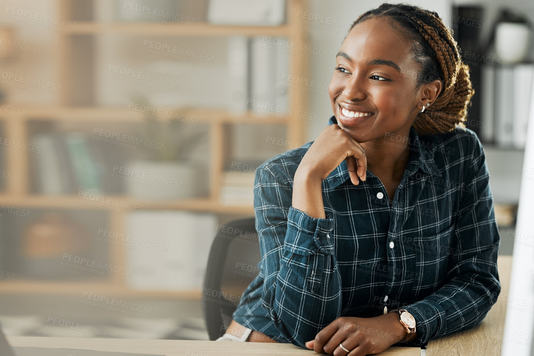 Buy stock photo Business, thinking and black woman with a smile, solution and brainstorming with startup, career and relax. African person, employee or entrepreneur with ideas, creativity and planning in a workplace