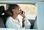 Phone call, smile and black woman in car to travel, conversation and communication. Mobile, taxi and happy African person on trip, journey and commute in transportation, talking and listening to news