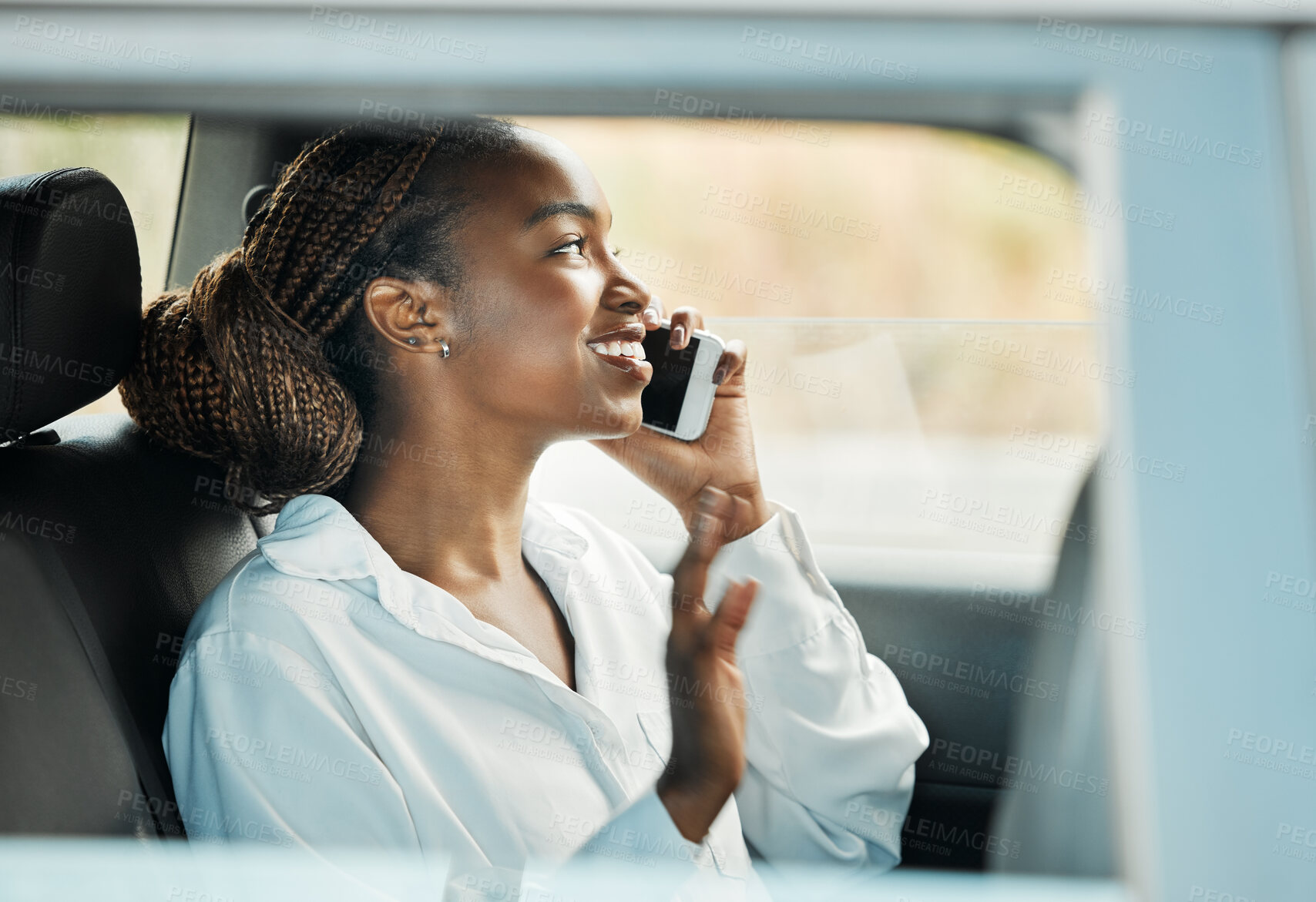 Buy stock photo Phone call, smile and black woman in car to travel, conversation and communication. Mobile, taxi and happy African person on trip, journey and commute in transportation, talking and listening to news