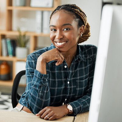 Buy stock photo Portrait, business and black woman with a computer, smile and confident employee in a workplace, career and relax. Face, administration and African person with a pc, office and corporate professional