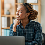 Woman, thinking and computer for work from home opportunity, copywriting ideas and planning goals. Young african person, happy freelancer or writer on laptop, business vision and brainstorming online