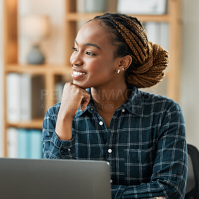 Buy stock photo Woman, thinking and computer for work from home opportunity, copywriting ideas and planning goals. Young african person, happy freelancer or writer on laptop, business vision and brainstorming online