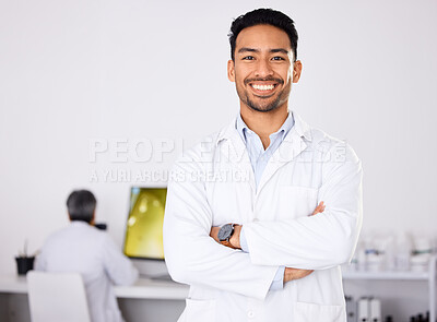 Buy stock photo Portrait, medical and man with arms crossed, research and expert in a laboratory, chemistry and smile. Face, scientist or researcher in a lab coat, healthcare professional and confident with a career