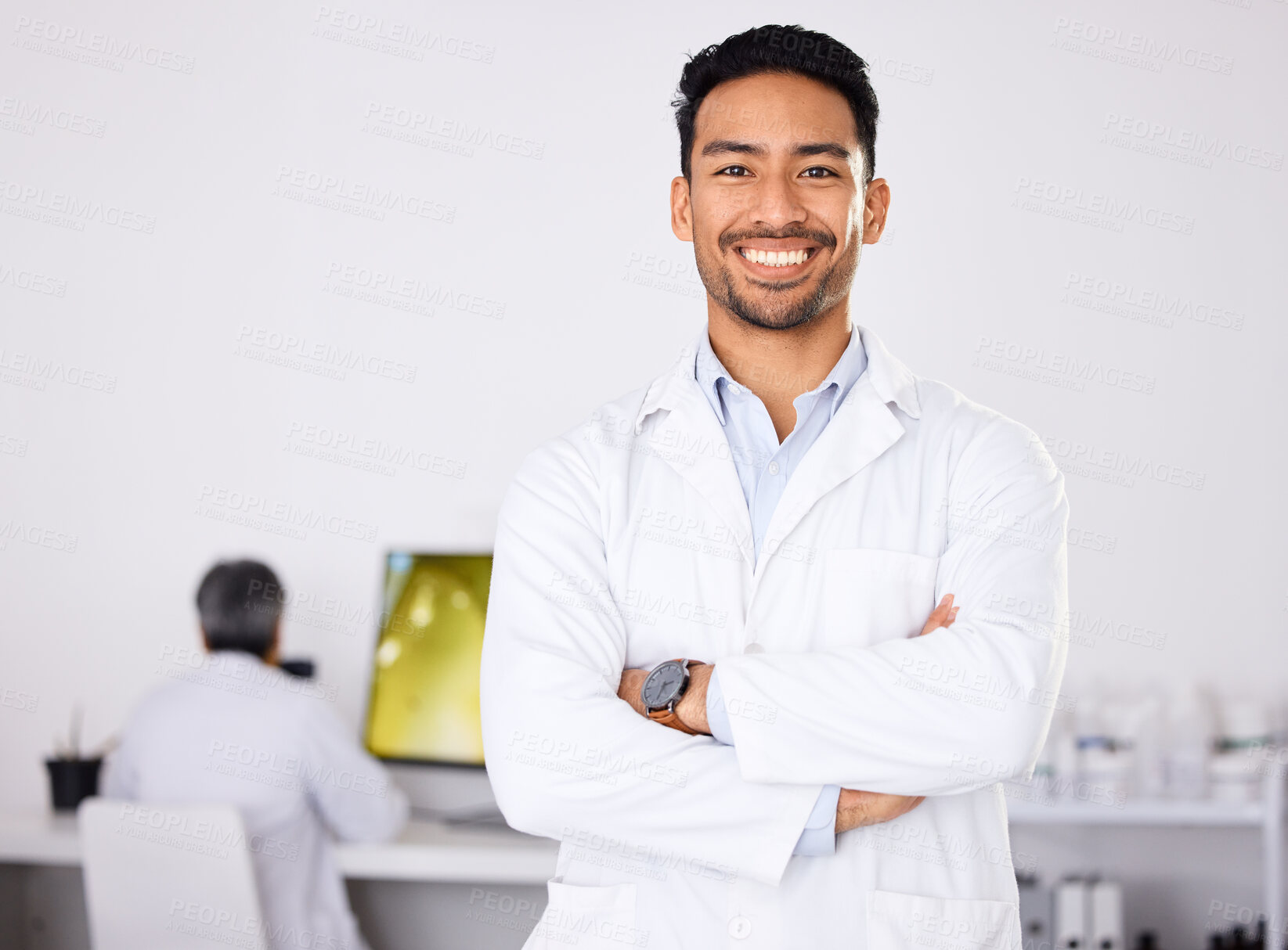 Buy stock photo Portrait, medical and man with arms crossed, research and expert in a laboratory, chemistry and smile. Face, scientist or researcher in a lab coat, healthcare professional and confident with a career