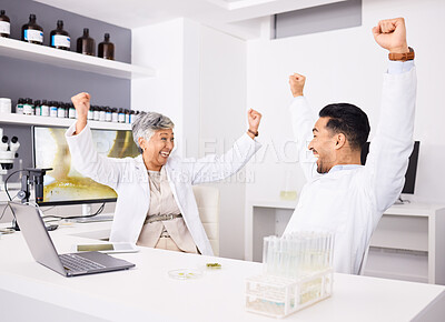 Buy stock photo Scientist people, success and celebrate in laboratory research, medical achievement or teamwork. Mentor, student and science doctor on computer in fist, excited and wow or cheers for goals or results