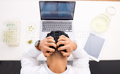 Buy stock photo Man, scientist and laptop with headache in stress, anxiety or mistake and mental health in biology above at lab. Top view of male person, medical or healthcare research in burnout, depression or fail