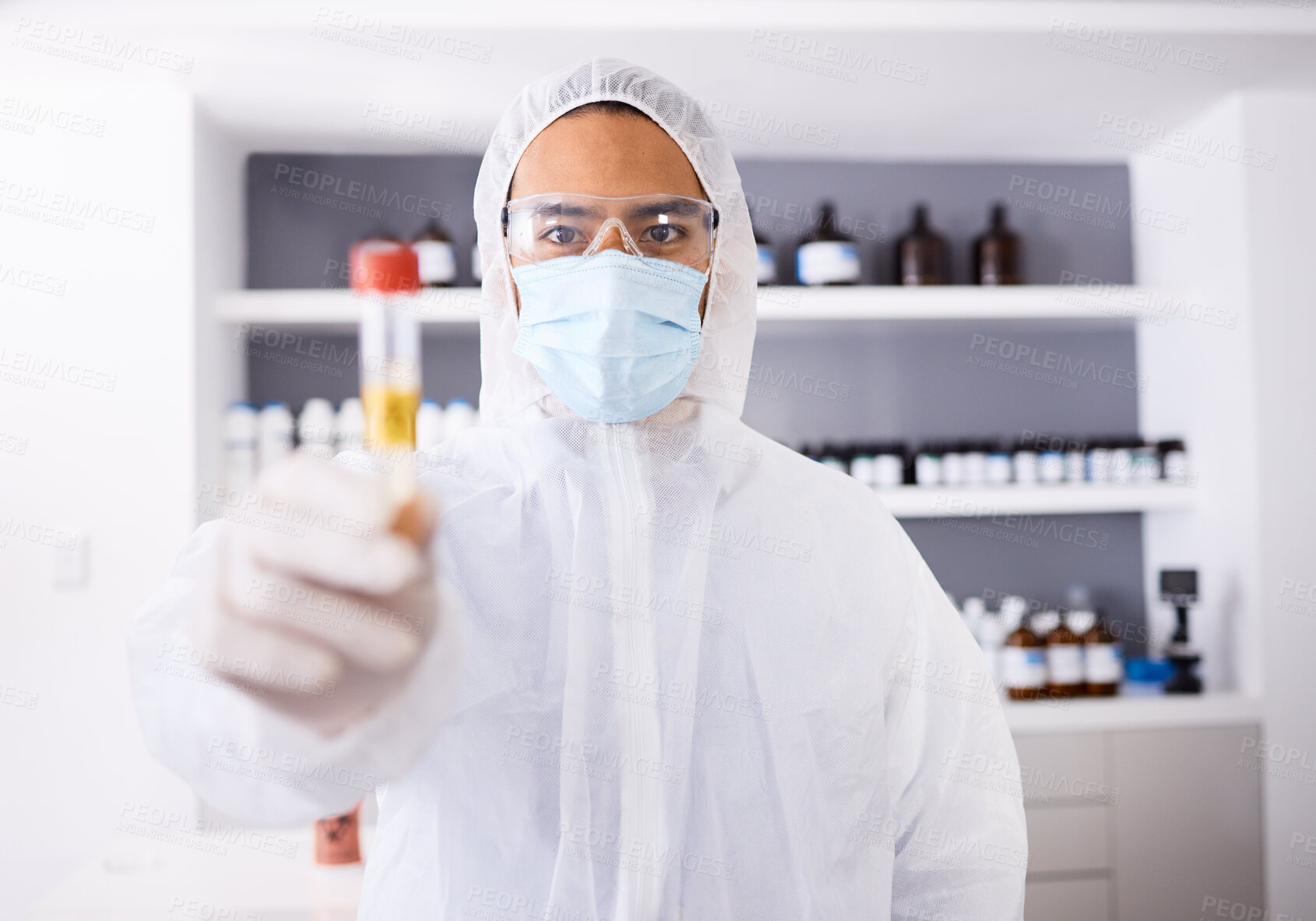 Buy stock photo Medical, research and man with vial, chemistry and vaccination with corona, laboratory and cure. Person, face mask and researcher with test tube, bacteria and medicine with data analysis and science