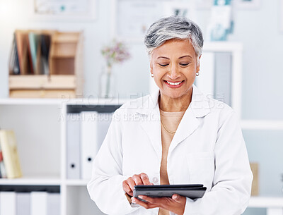 Buy stock photo Tablet, doctor and smile of woman in clinic for online healthcare management, hospital software and research. Mature medical professional with digital technology for telehealth, data review and app 