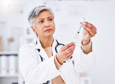 Buy stock photo Vaccine injection, doctor and woman with bottle, healthcare safety and immunity in clinic. Mature medical worker with needle, vial and medicine container for help with virus, vaccination and flu shot