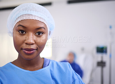 Buy stock photo Confident, portrait and black woman, surgeon or healthcare expert for patient surgery, clinic service or medical help. Experience, mockup space and African person, nurse or doctor in hospital theatre