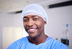 Happiness, portrait and black man, surgeon or healthcare expert for surgery support, hospital services or medical help. Wellness, smile and African person, nurse or professional doctor in clinic