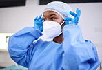 Scrubs, face mask and black woman, hospital surgeon or healthcare expert ready for surgery, clinic service or help. Nurse, scrubs and doctor commitment, job experience or prepare in operating theatre