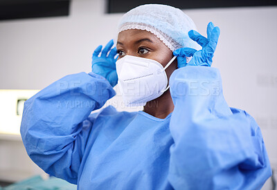 Buy stock photo Scrubs, face mask and black woman, hospital surgeon or healthcare expert ready for surgery, clinic service or help. Nurse, scrubs and doctor commitment, job experience or prepare in operating theatre