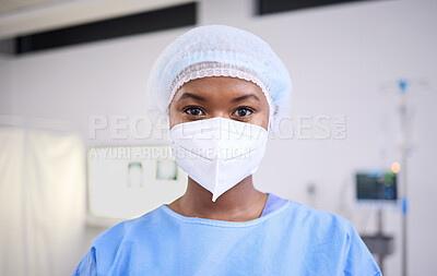 Buy stock photo Portrait, black woman and doctor with a mask, safety and protection in a hospital, surgeon and physician. Face cover, medical professional and employee in a clinic, regulations and healthcare policy