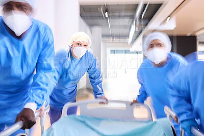 Buy stock photo Emergency, hospital bed and surgeon team, healthcare staff or group running for surgery, clinic services or medical help. Injury collaboration, fast motion blur or doctors rush for accident first aid