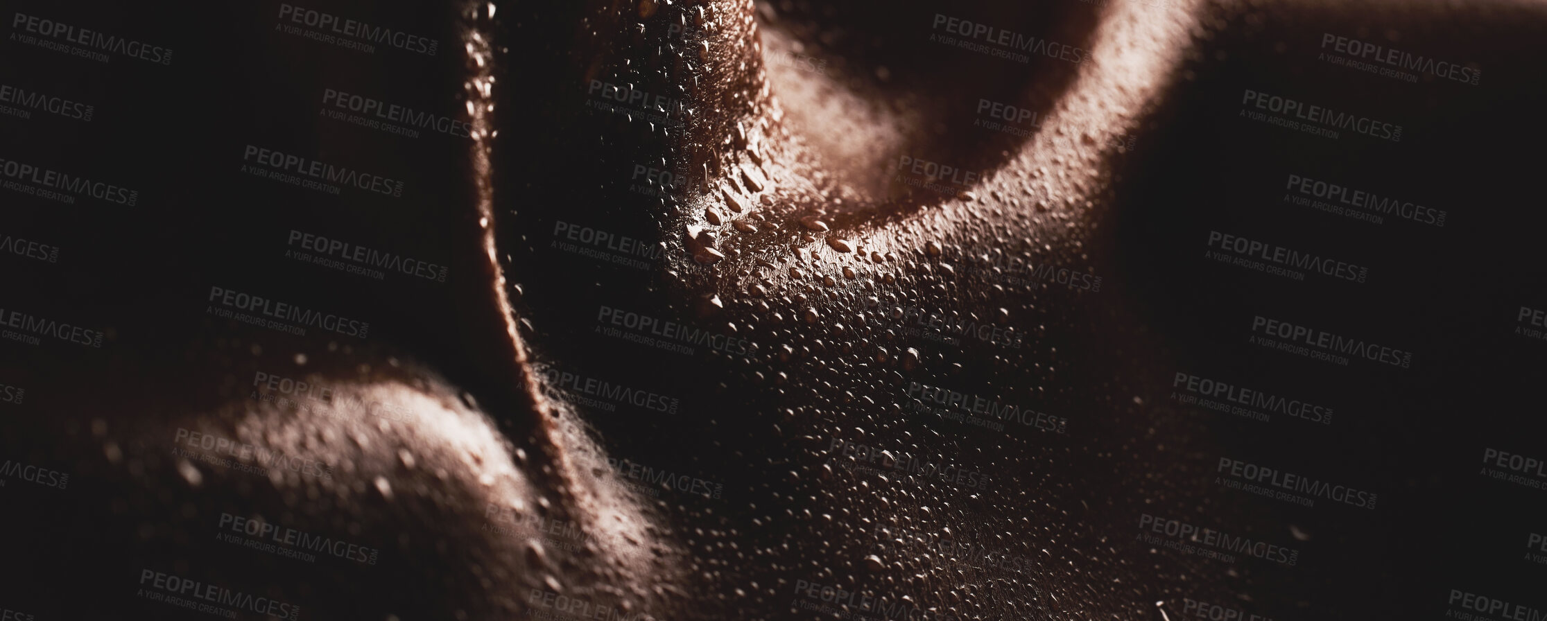 Buy stock photo Body, water drops or skin and texture of a person for dermatology, skincare and hygiene. Zoom on aesthetic model for art deco, silhouette and sweat with droplets, creative and dark background