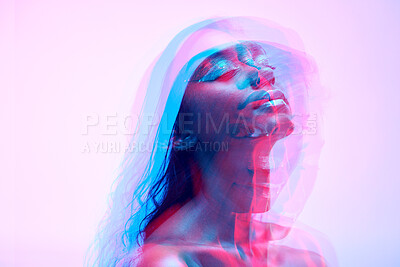 Buy stock photo Neon, double exposure and woman face with art deco, creative and color lighting for style in studio. Female model, cosmetics and overlay with glow, makeup and person with freedom and pink background