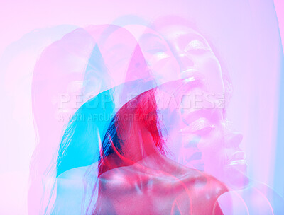 Buy stock photo Neon light, double exposure and relax woman with art deco, creative and color lighting for style in studio. Female model, cosmetics and overlay with glow, makeup and freedom with pink background