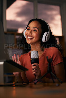 Buy stock photo Woman, headphones and microphone, radio DJ or podcast with journalist and live media broadcast at night. Happy, tech and multimedia, communication and social media streamer with content creation